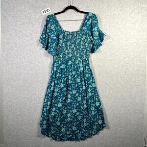 Angle Midi Dress Womens Medium Teal Floral V Neck Flutter Sleeve Smocked Party